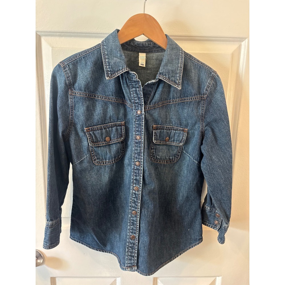 Old Navy Denim Button Down Shirt Dark Wash Western Pocket Cowgirl-Core Lg.